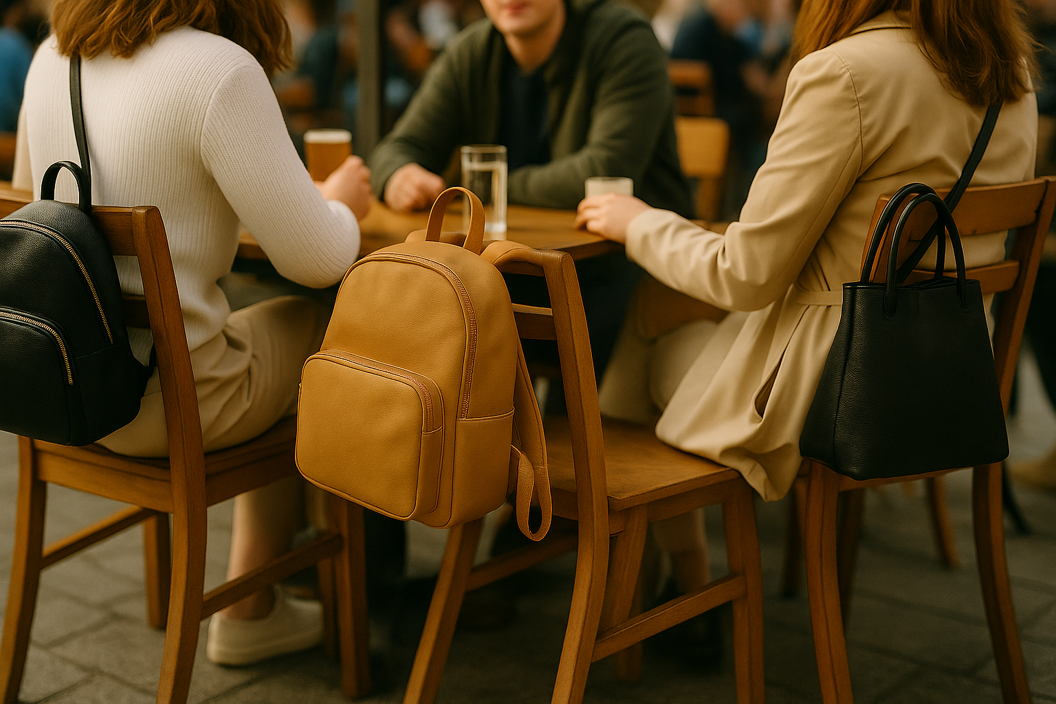“Casual outdoor scene of friends sharing drinks with stylish backpacks – designed for effortless everyday living.”