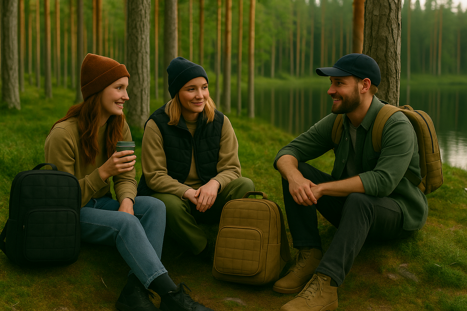 “Three friends enjoying a peaceful forest moment near a lake with rugged backpacks – reflecting the Nordic outdoor lifestyle.”