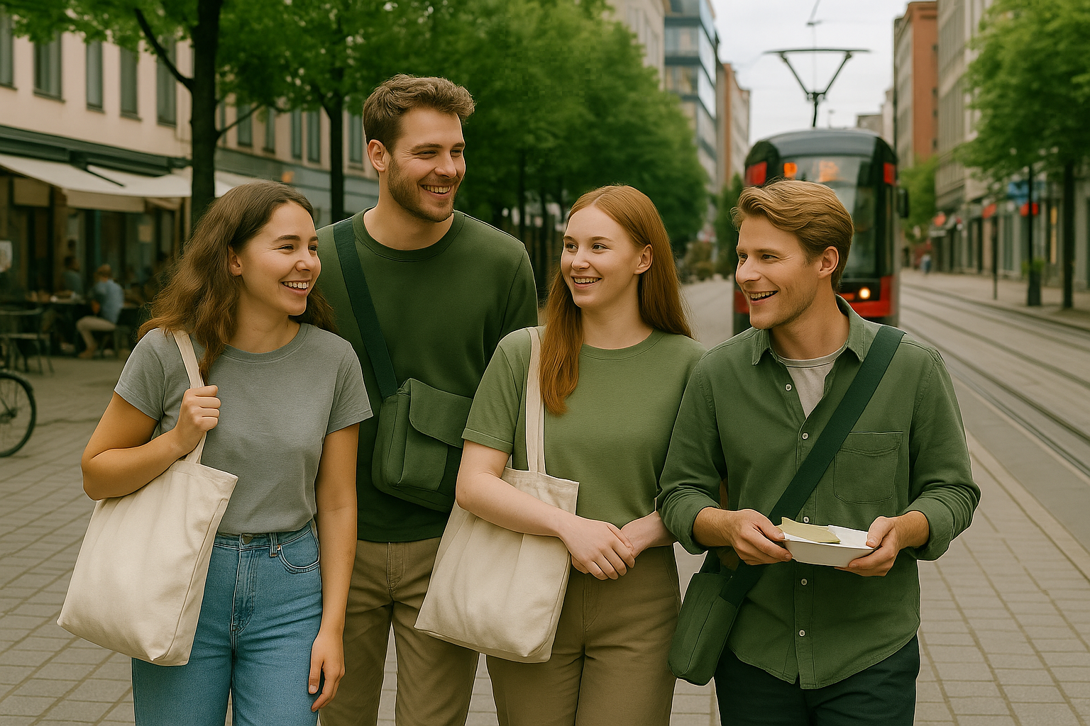 “Group of young people walking through the city with tote bags and eco-friendly looks – embracing sustainable living and conscious fashion.”