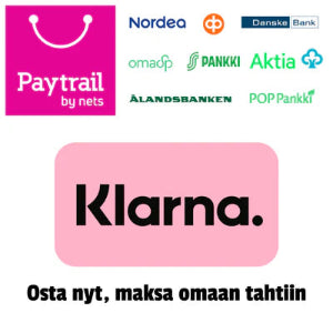 Logos of Paytrail by Nets, Nordea, Danske Bank, omadp, Pankki, Aktia, Alandsbanken, POPankki, and Klarna on a white background.